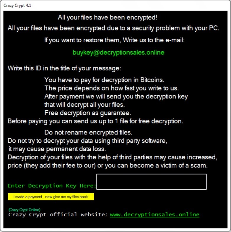 CrazyCrypt 4.1 Ransomware